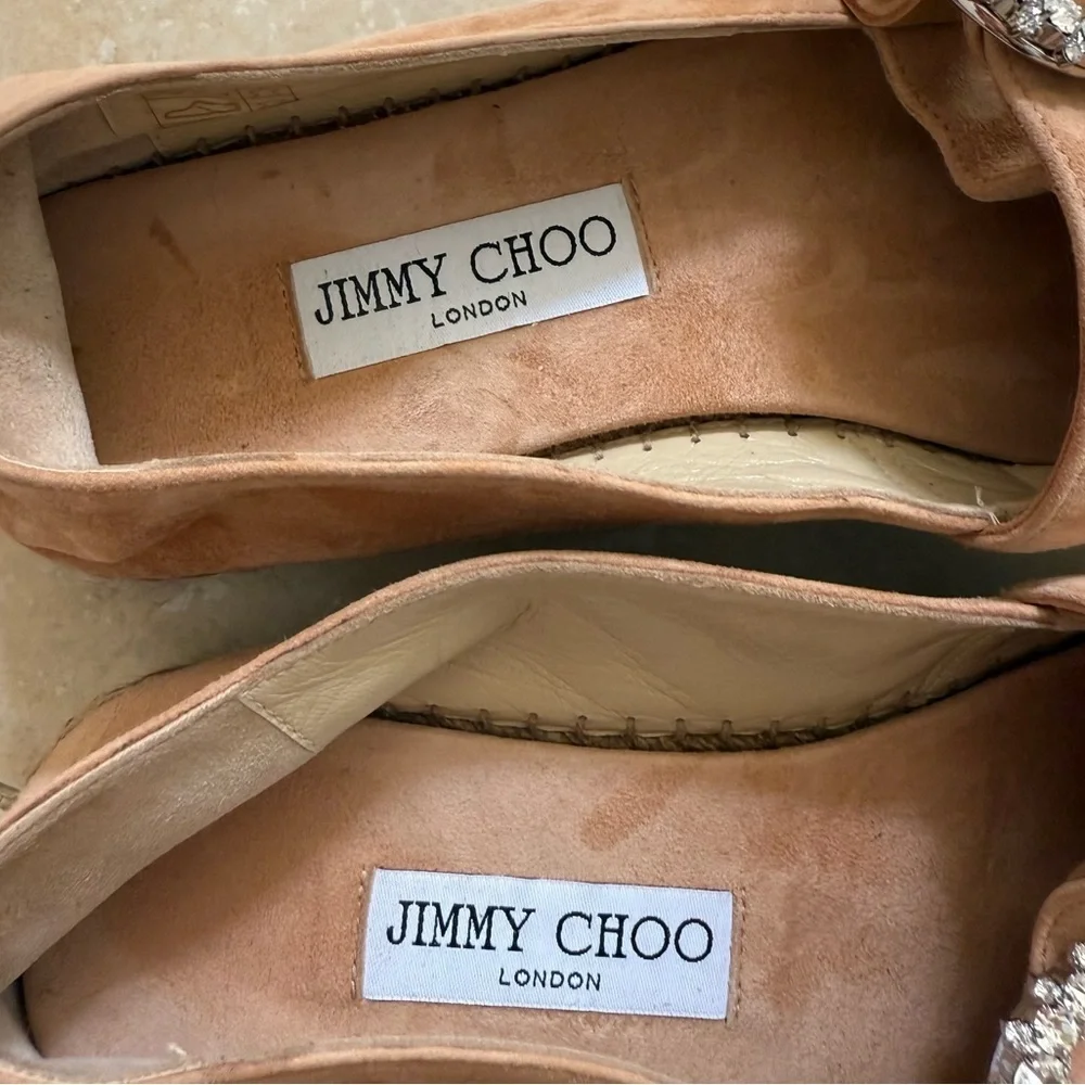 JIMMY CHOO Dru Crystal Embellished Suede Espadrilles Beige Sz 38 EU/8 US